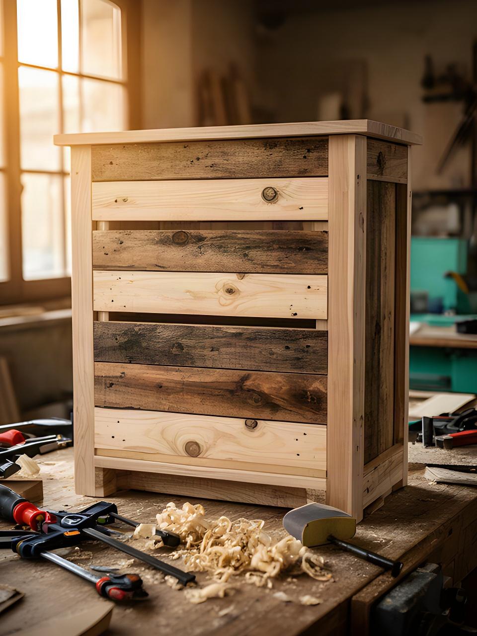 Mobile su misura in legno di pallet recuperato durante la fase di rifinitura in laboratorio