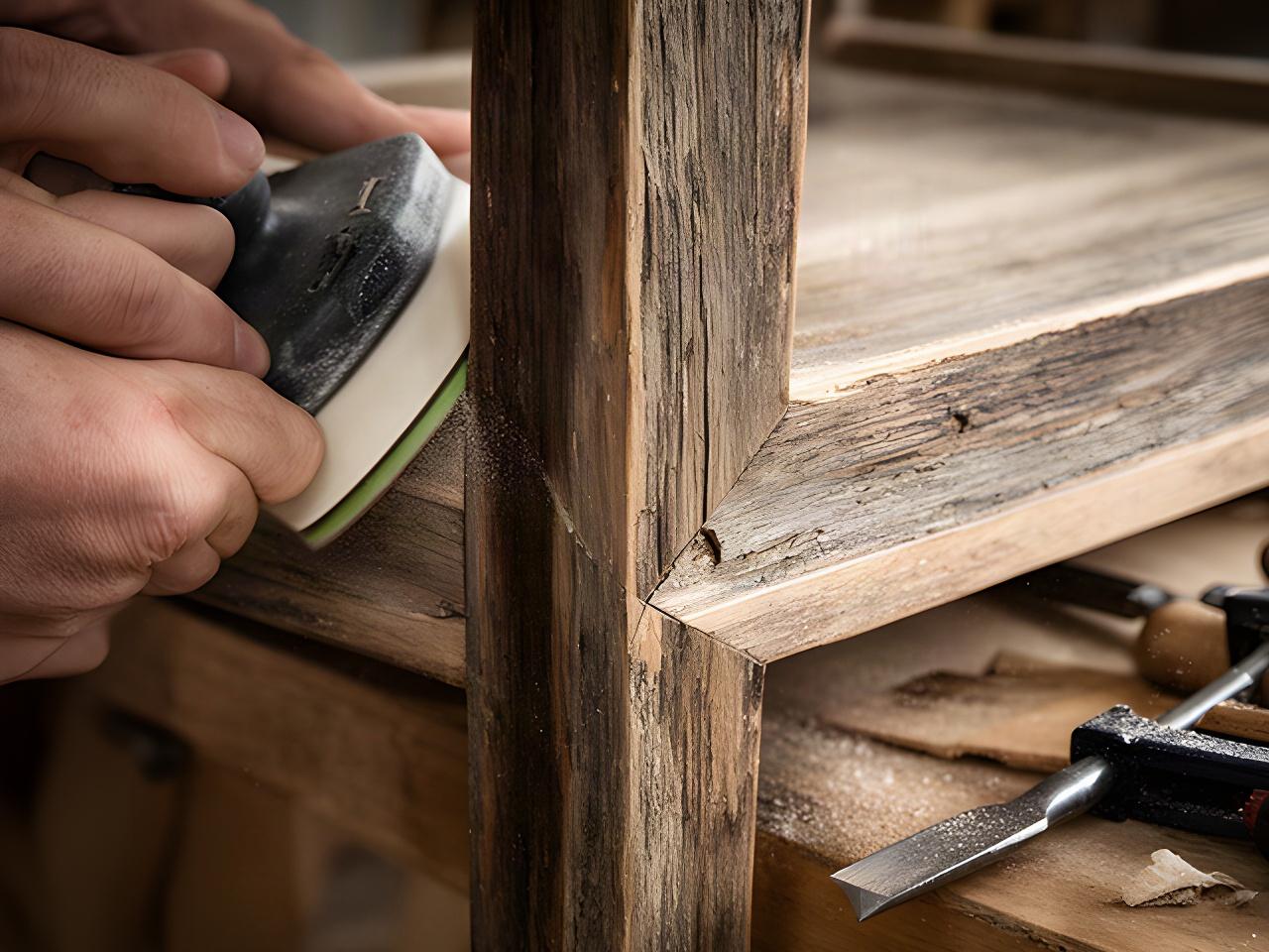 Dettaglio di un mobile in legno recuperato durante la levigatura accanto a un incastro artigianale