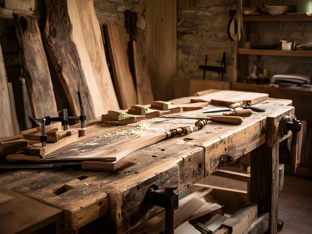 Banco da lavoro in legno riciclato con tavole, morsetti e strumenti in un laboratorio artigianale toscano