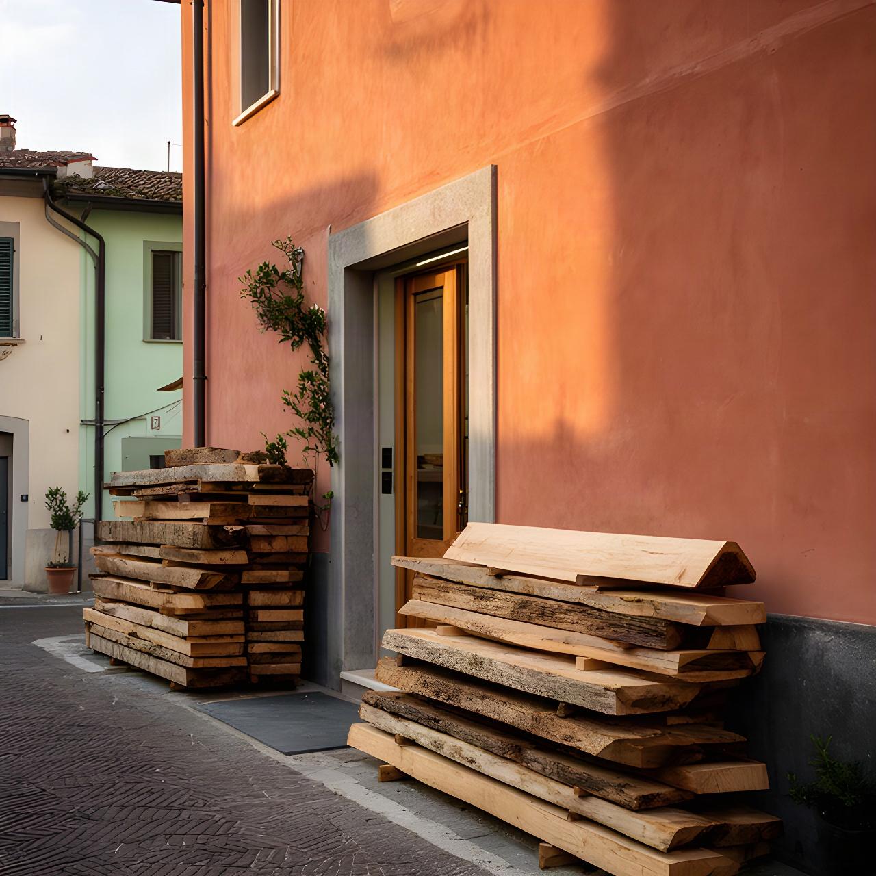 Ingresso del laboratorio di Bianchi & Bernardi in Via delle Prata a Signa, con legno accatastato all'esterno
