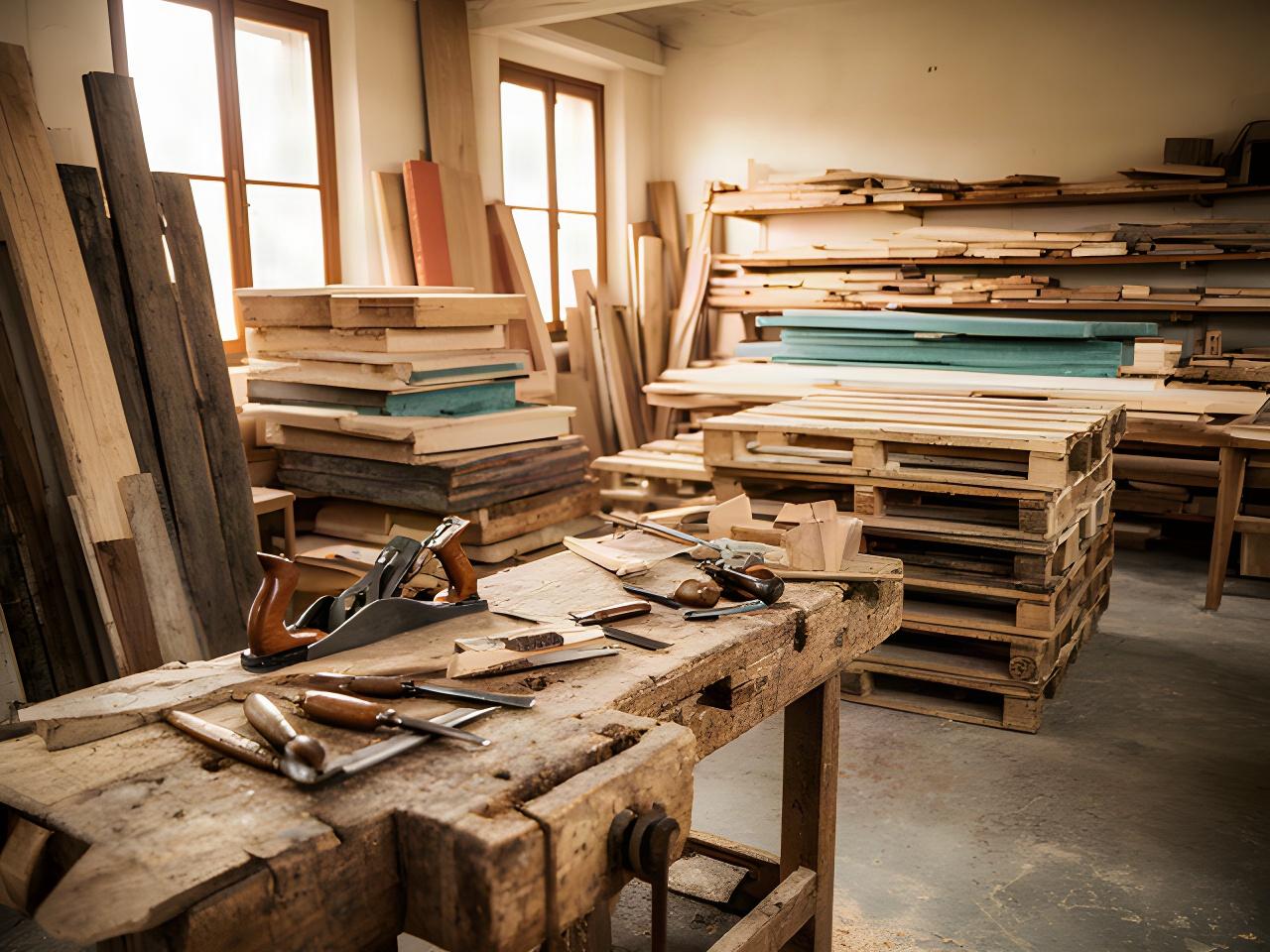 Falegnameria di Signa con attrezzi tradizionali, cumuli di legno recuperato e un banco da lavoro