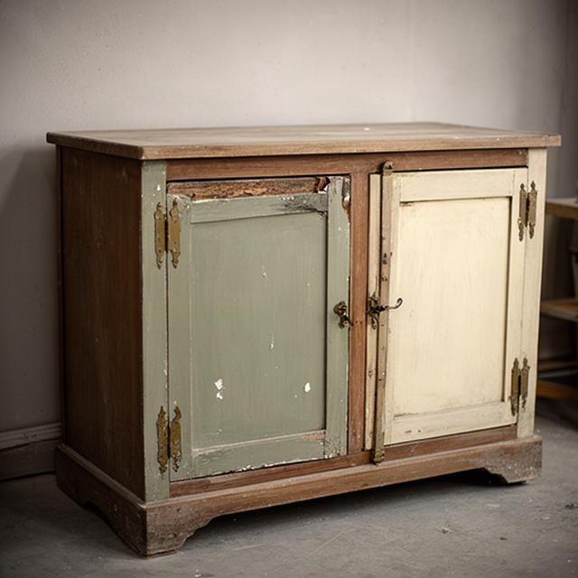 Credenza dipinta e con cerniere usurate prima dell'intervento