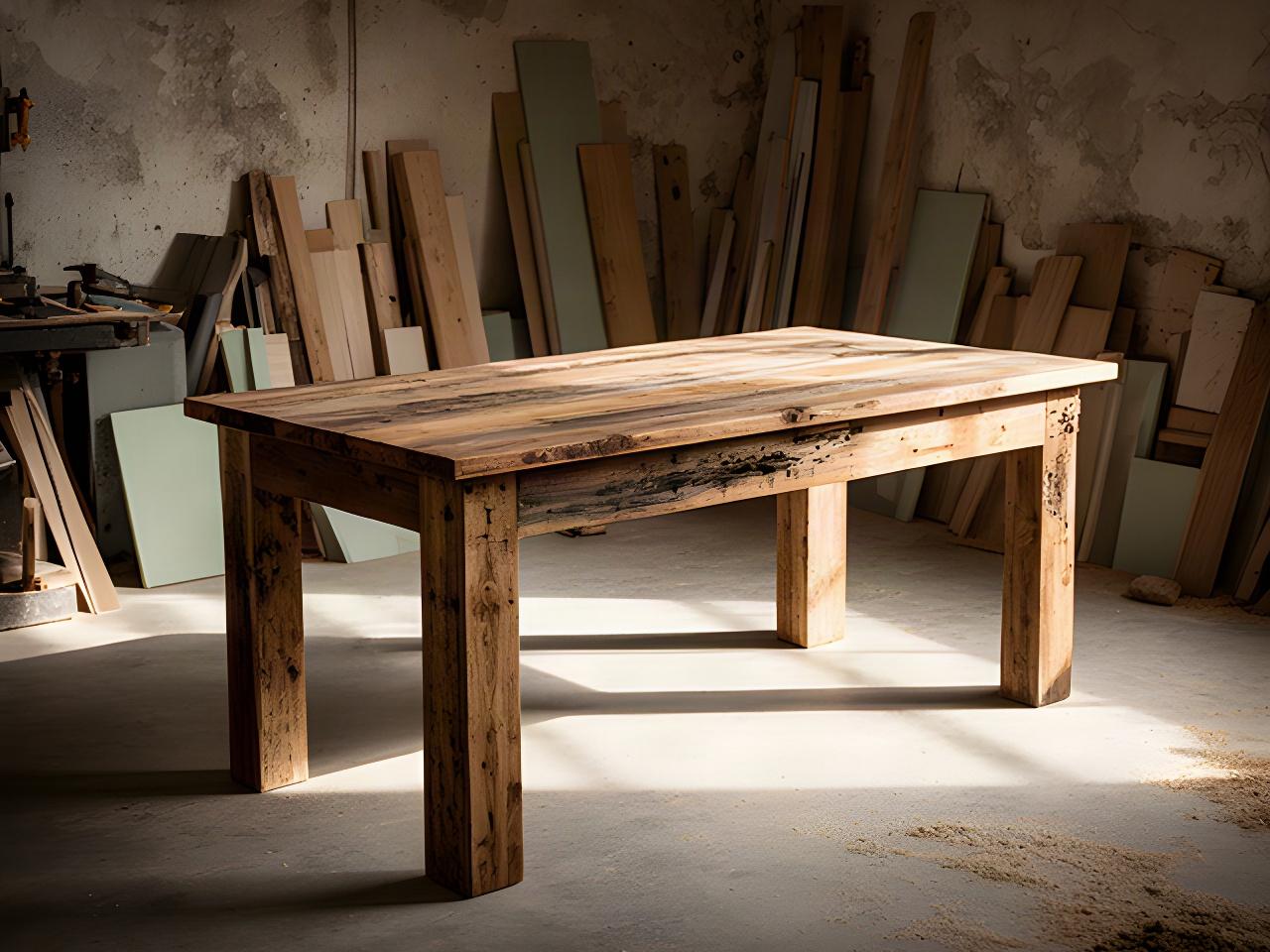 Tavolo in legno di pallet con finitura grezza in un atelier dalle ombre nette