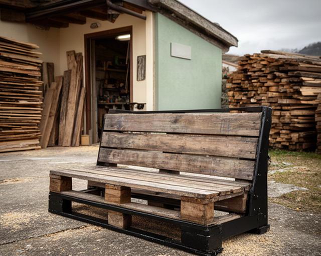 Panca bassa realizzata con pallet dismessi e dettagli metallici davanti alla falegnameria