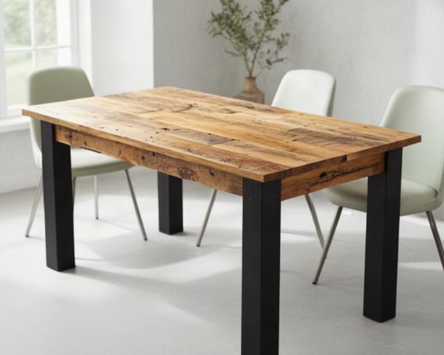 Tavolo da pranzo in assi di pallet recuperate con gambe nere in un ambiente luminoso
