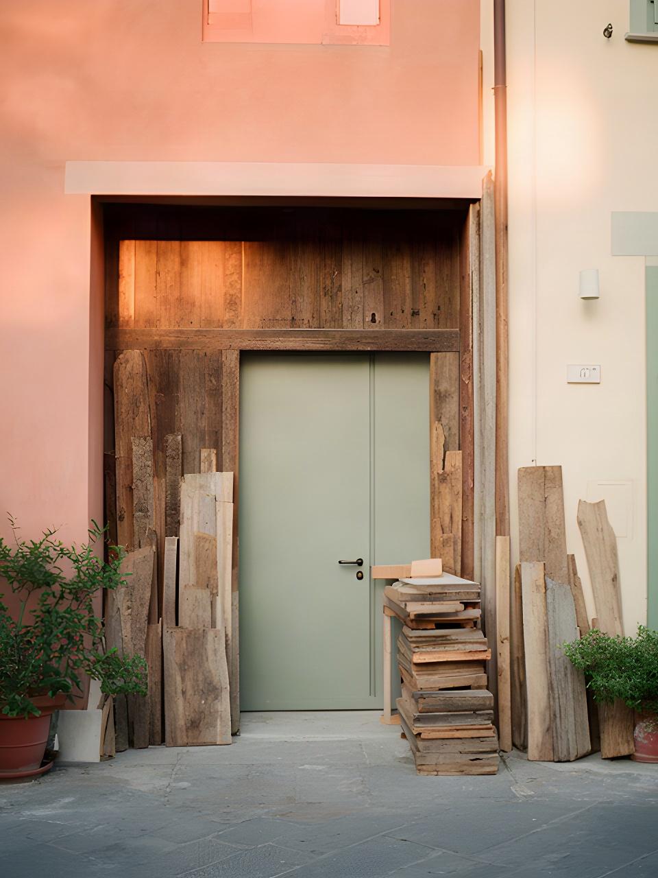 Esterno del laboratorio di Bianchi & Bernardi in Via delle Prata a Signa, con ingresso e materiali in legno