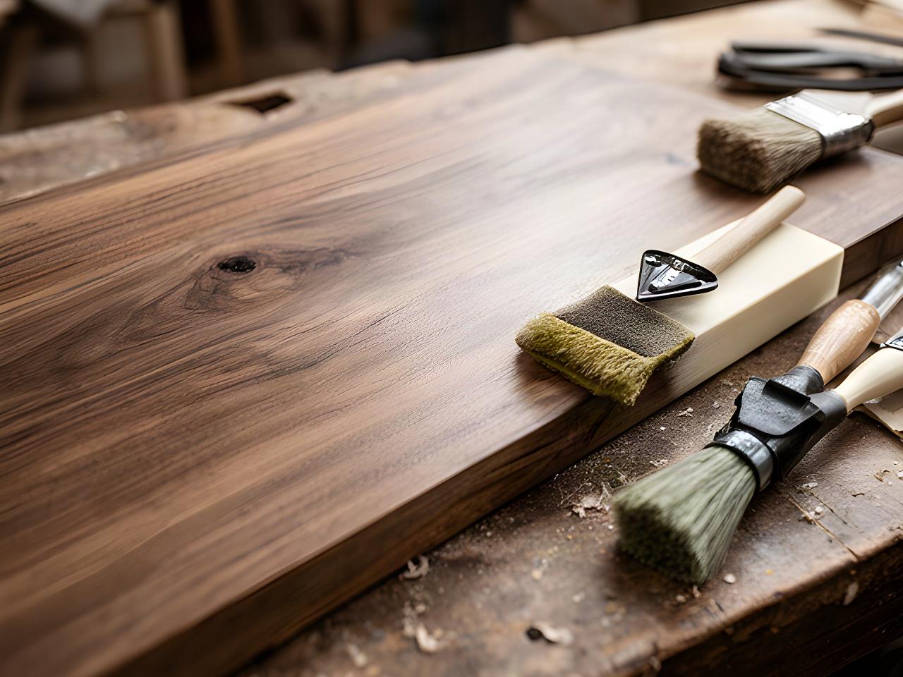Dettaglio di una finitura opaca applicata a un piano in legno riciclato con utensili da falegnameria accanto