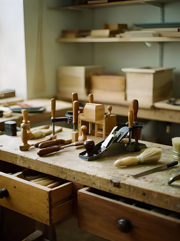 Banco da lavoro con cassettiere in legno, morsetti e strumenti per il restauro artigianale