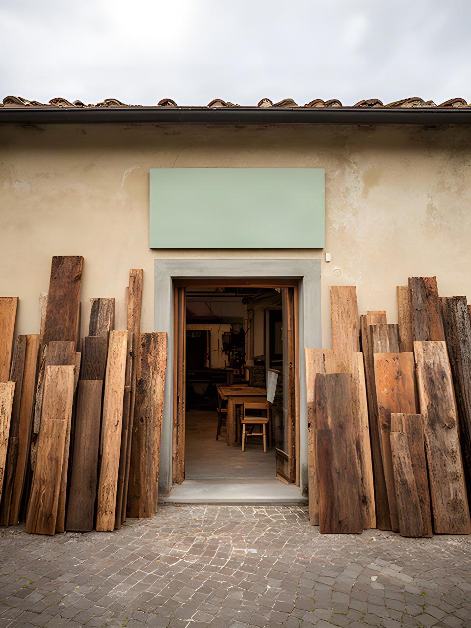 Ingresso del laboratorio di mobili in legno riciclato in Via delle Prata a Signa, con tavole recuperate accatastate all'esterno