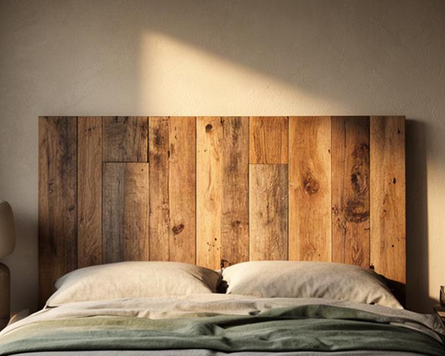 Testata letto in legno riciclato con tavole di tonalità diverse e superficie spazzolata