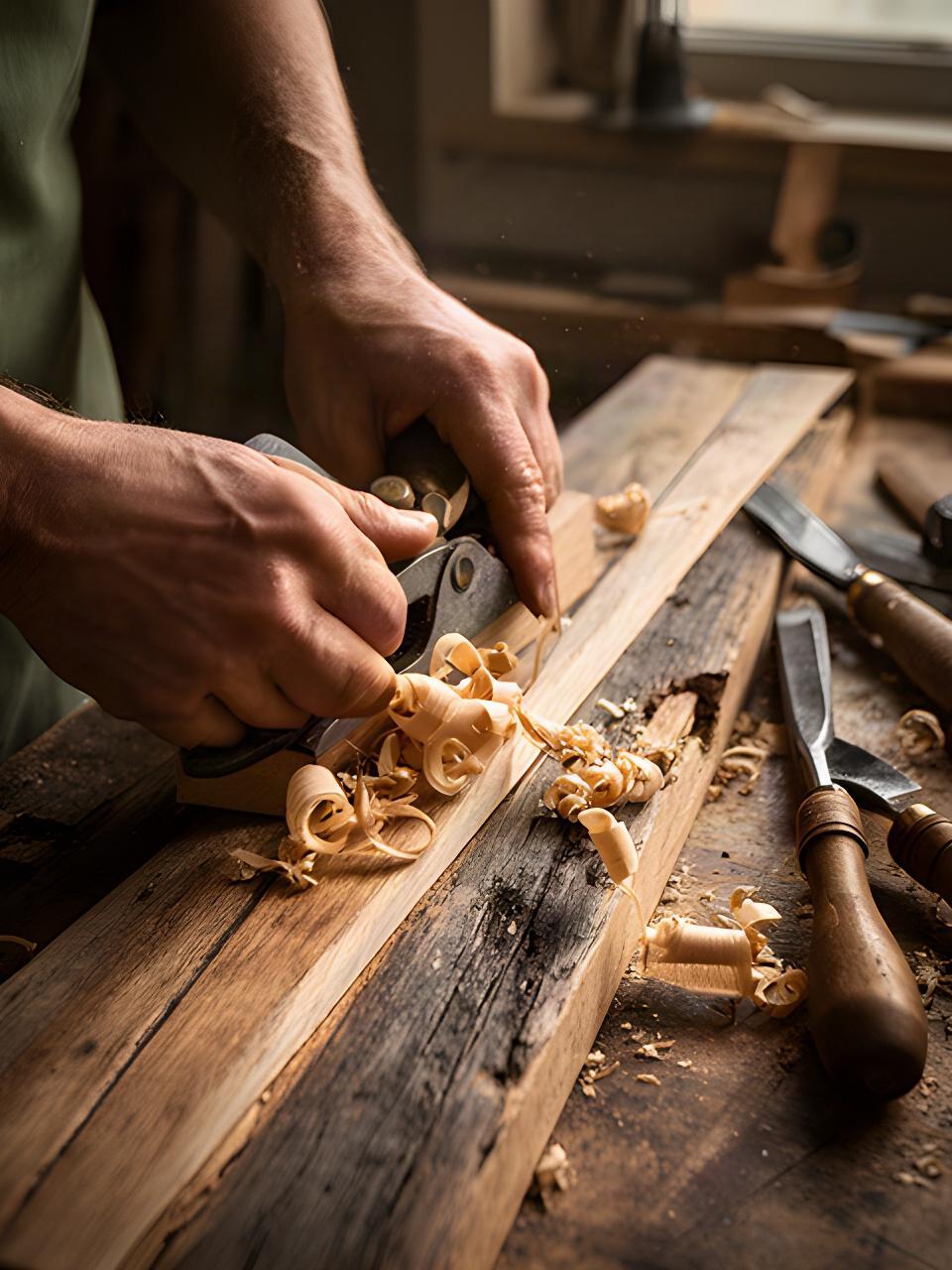 Dettaglio di mani al lavoro su assi di legno riciclato con pialla e strumenti tradizionali
